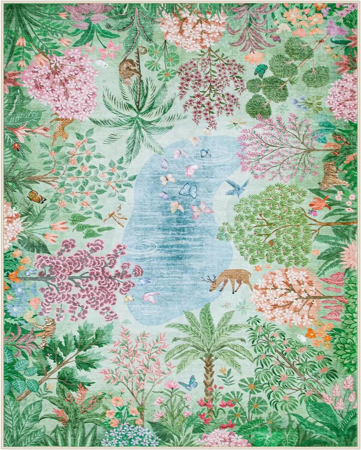 Lahome Spring Jungle Rug, Green Bedroom Rug 8x10 Under Bed, Large Washable Rugs 8x10 for Living Room, Spring Botanical Kids Playroom Rug Non Slip Non Shedding Floor Carpet for Office Dining Room Decor