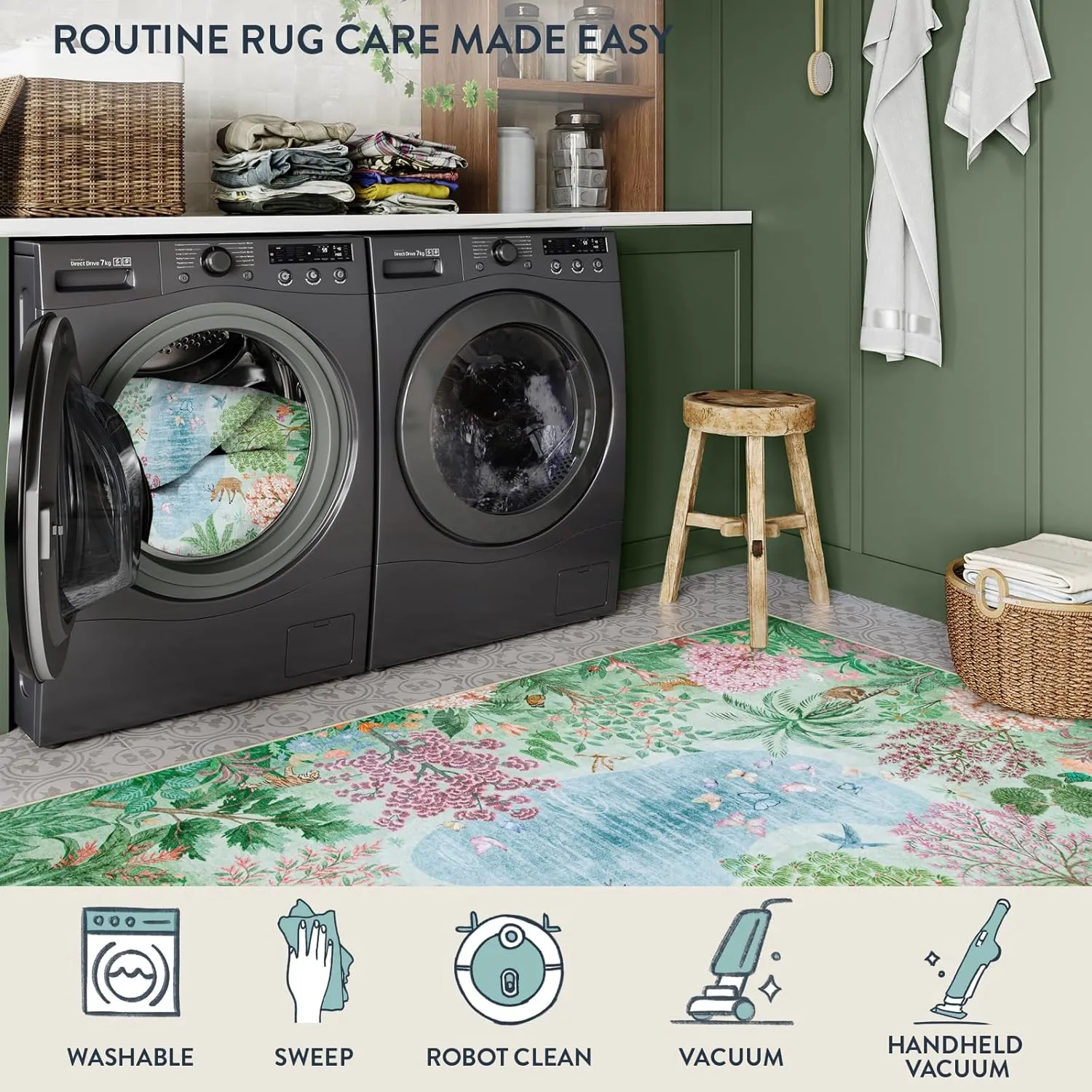 Lahome Spring Jungle Rug, Green Bedroom Rug 8x10 Under Bed, Large Washable Rugs 8x10 for Living Room, Spring Botanical Kids Playroom Rug Non Slip Non Shedding Floor Carpet for Office Dining Room Decor