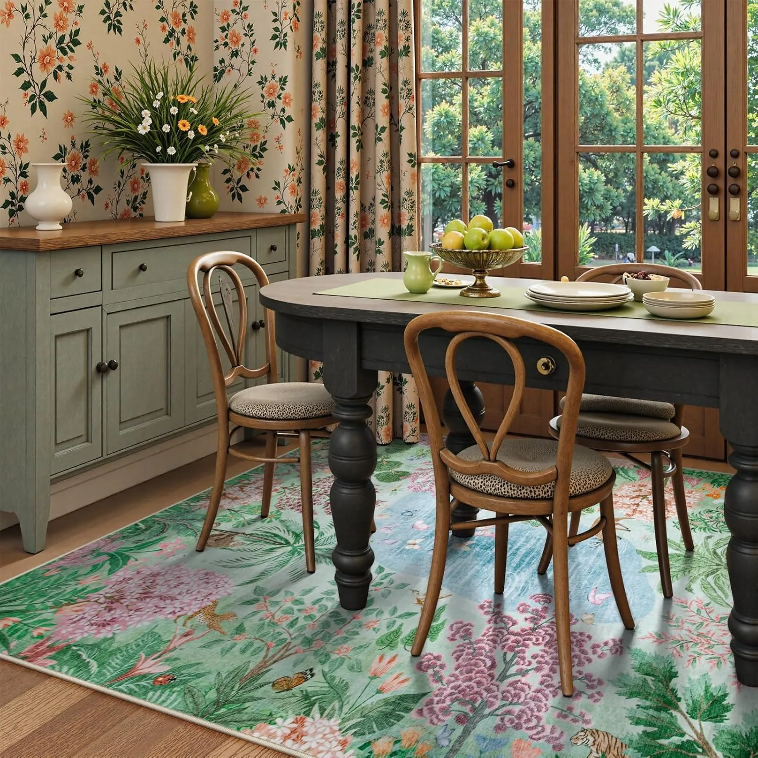 Lahome Spring Jungle Rug, Green Bedroom Rug 8x10 Under Bed, Large Washable Rugs 8x10 for Living Room, Spring Botanical Kids Playroom Rug Non Slip Non Shedding Floor Carpet for Office Dining Room Decor