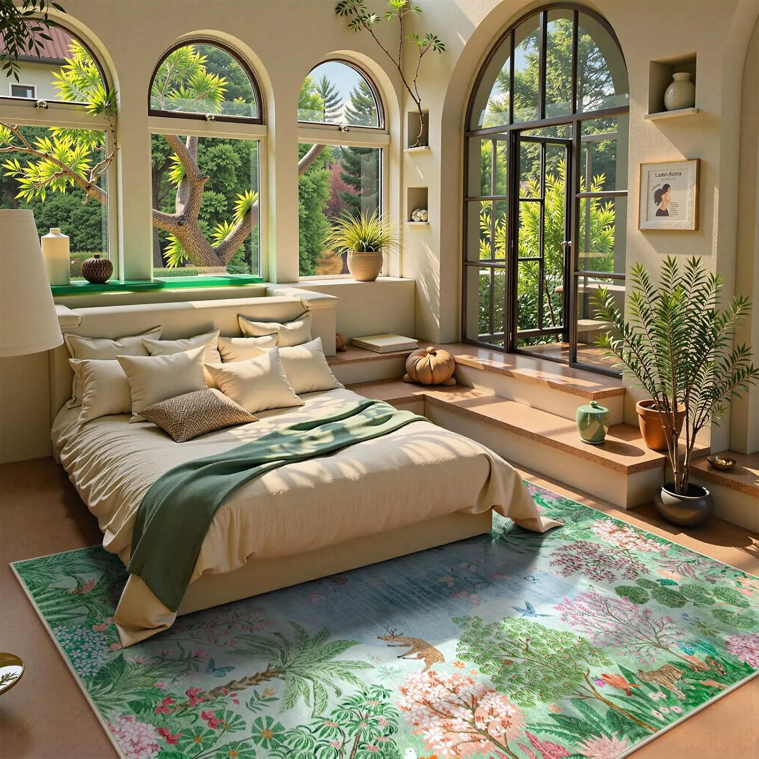 Lahome Spring Jungle Rug, Green Bedroom Rug 8x10 Under Bed, Large Washable Rugs 8x10 for Living Room, Spring Botanical Kids Playroom Rug Non Slip Non Shedding Floor Carpet for Office Dining Room Decor