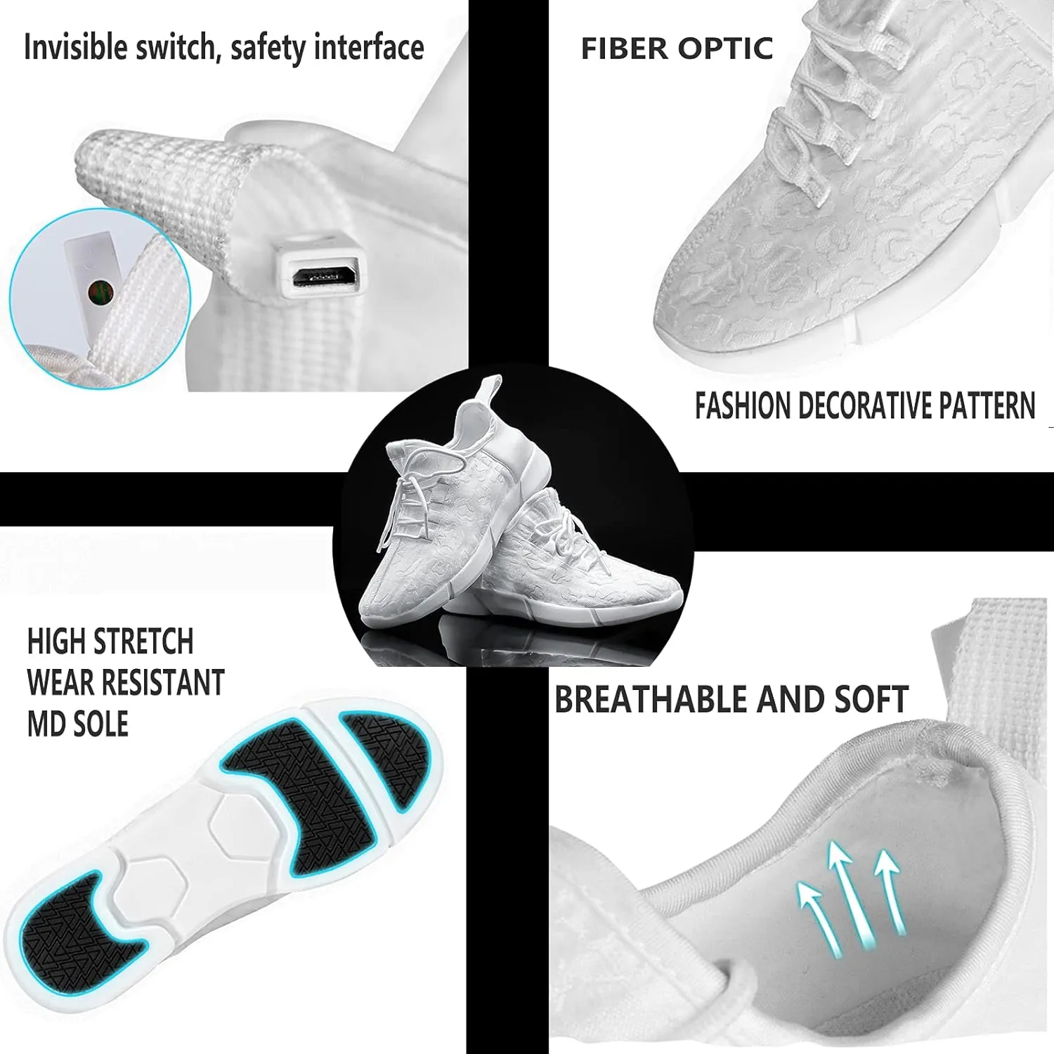 LED Fiber Optic Shoes Light Up Sneakers for Women Men Luminous Trainers Flashing Sneakers for Festivals, Christmas, Halloween, New Year Party with USB Charging, White