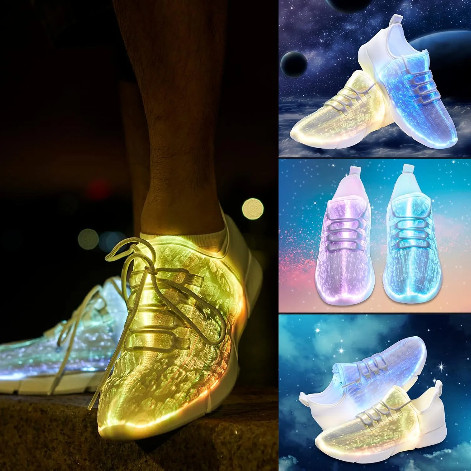LED Fiber Optic Shoes Light Up Sneakers for Women Men Luminous Trainers Flashing Sneakers for Festivals, Christmas, Halloween, New Year Party with USB Charging, White