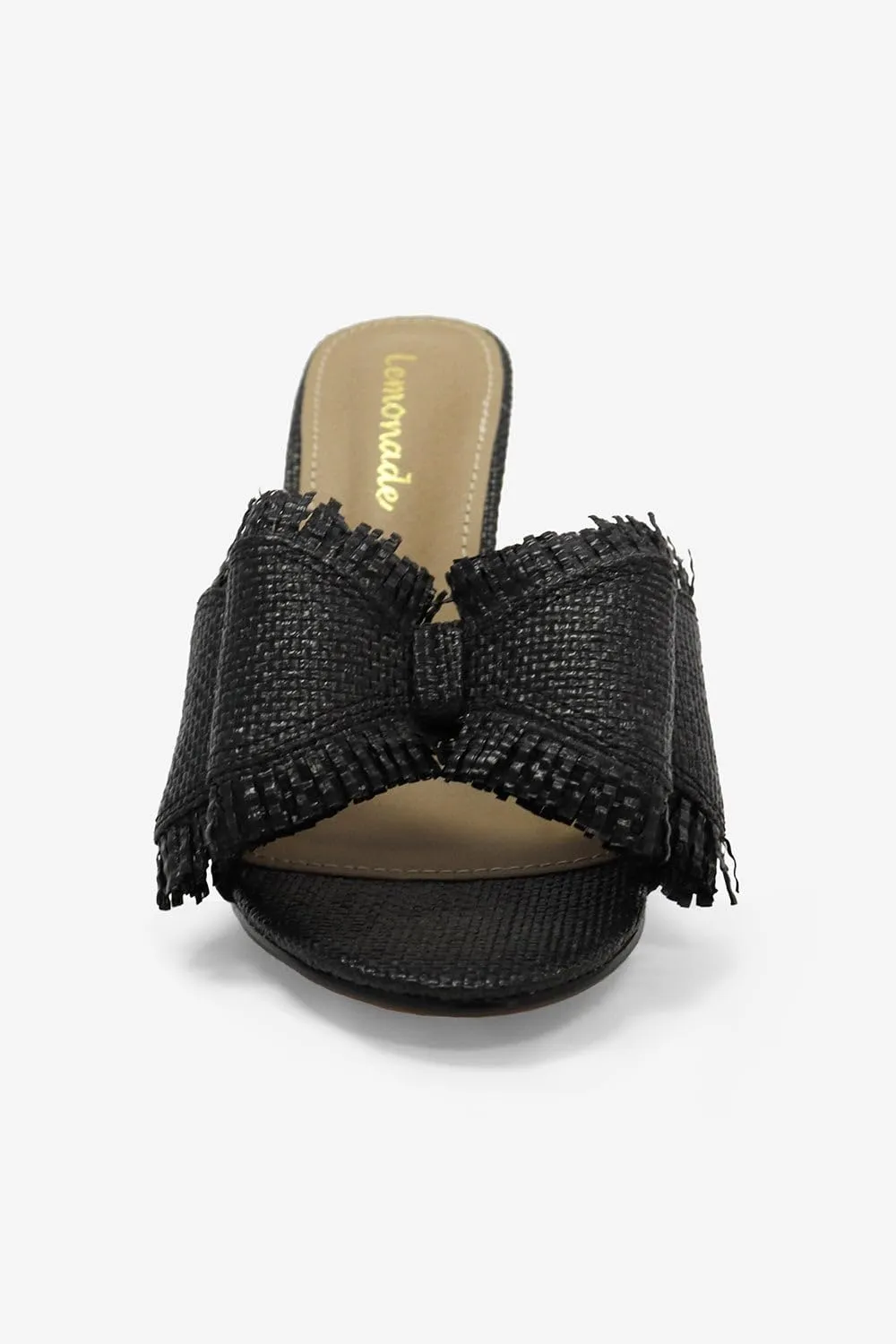LEMONADE Women's Double Bow Frayed Edge Detail Peep Toe Stiletto Heel Mule
