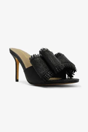 LEMONADE Women's Double Bow Frayed Edge Detail Peep Toe Stiletto Heel Mule