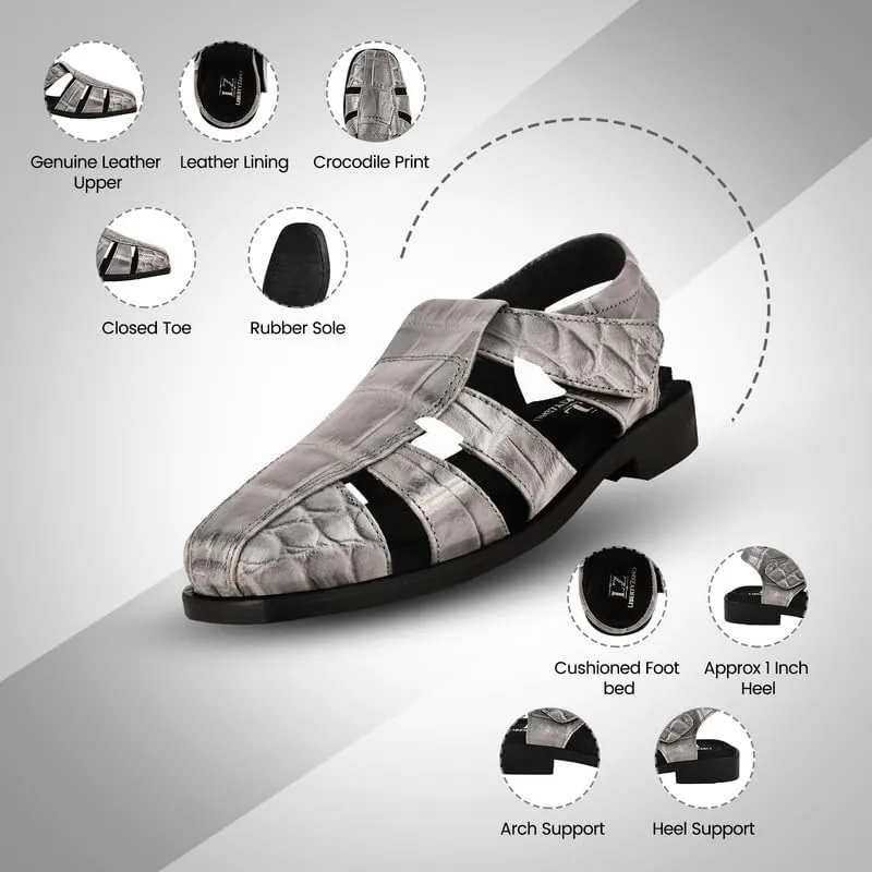 LIBERTYZENO Boys Crocodile Print Genuine Leather Kids Closed Toe Fisherman Sandal Shoes for Prom Graduation