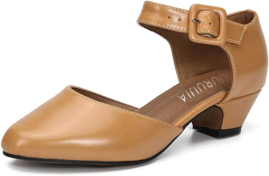LIURUIJIA Women's Ankle Strap Low Heel Dress Shoes Closed Toe Formal Work Wedding Bridal Heels Comfortable Pumps