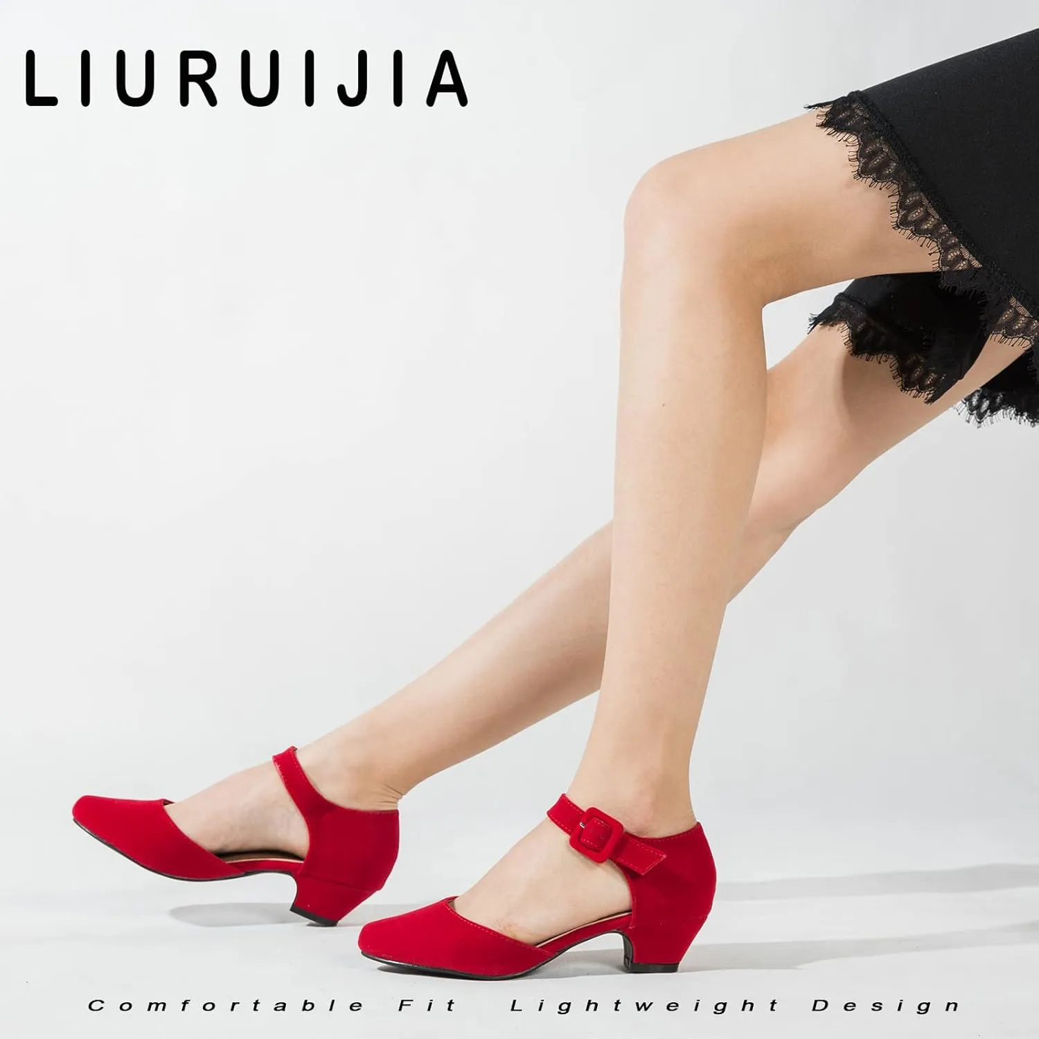 LIURUIJIA Women's Closed Toe Low Chunky Heel Pumps Ankle Strap Dress Shoes for Work Wedding Party Dance