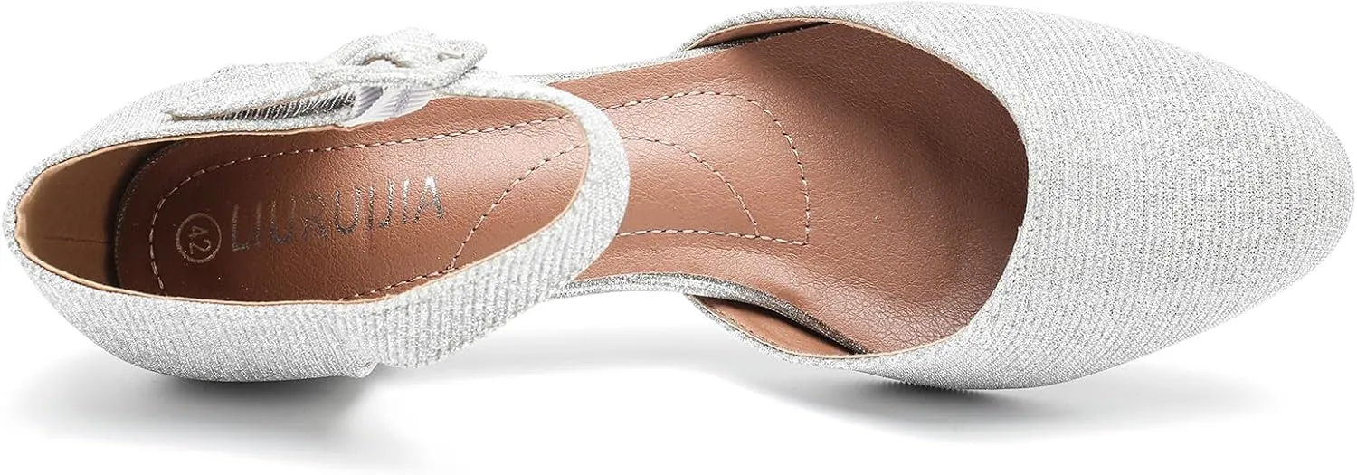 LIURUIJIA Women's Closed Toe Low Chunky Heel Pumps Ankle Strap Dress Shoes for Work Wedding Party Dance