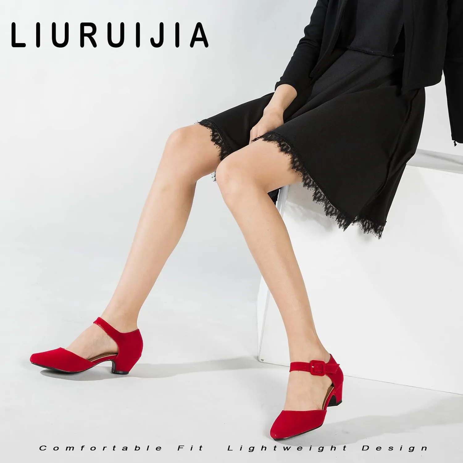 LIURUIJIA Women's Closed Toe Low Chunky Heel Pumps Ankle Strap Dress Shoes for Work Wedding Party Dance