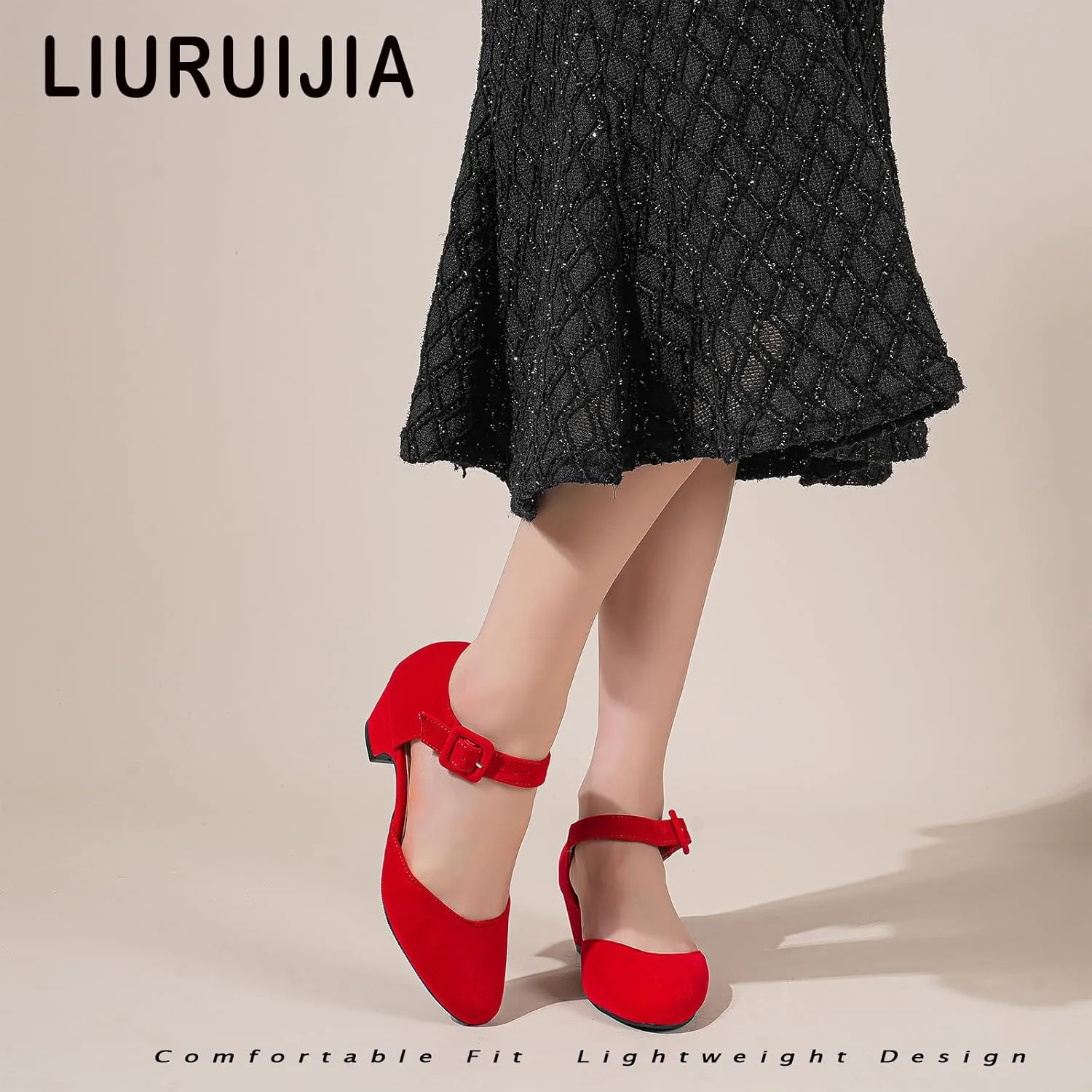 LIURUIJIA Women's Closed Toe Low Chunky Heel Pumps Ankle Strap Dress Shoes for Work Wedding Party Dance