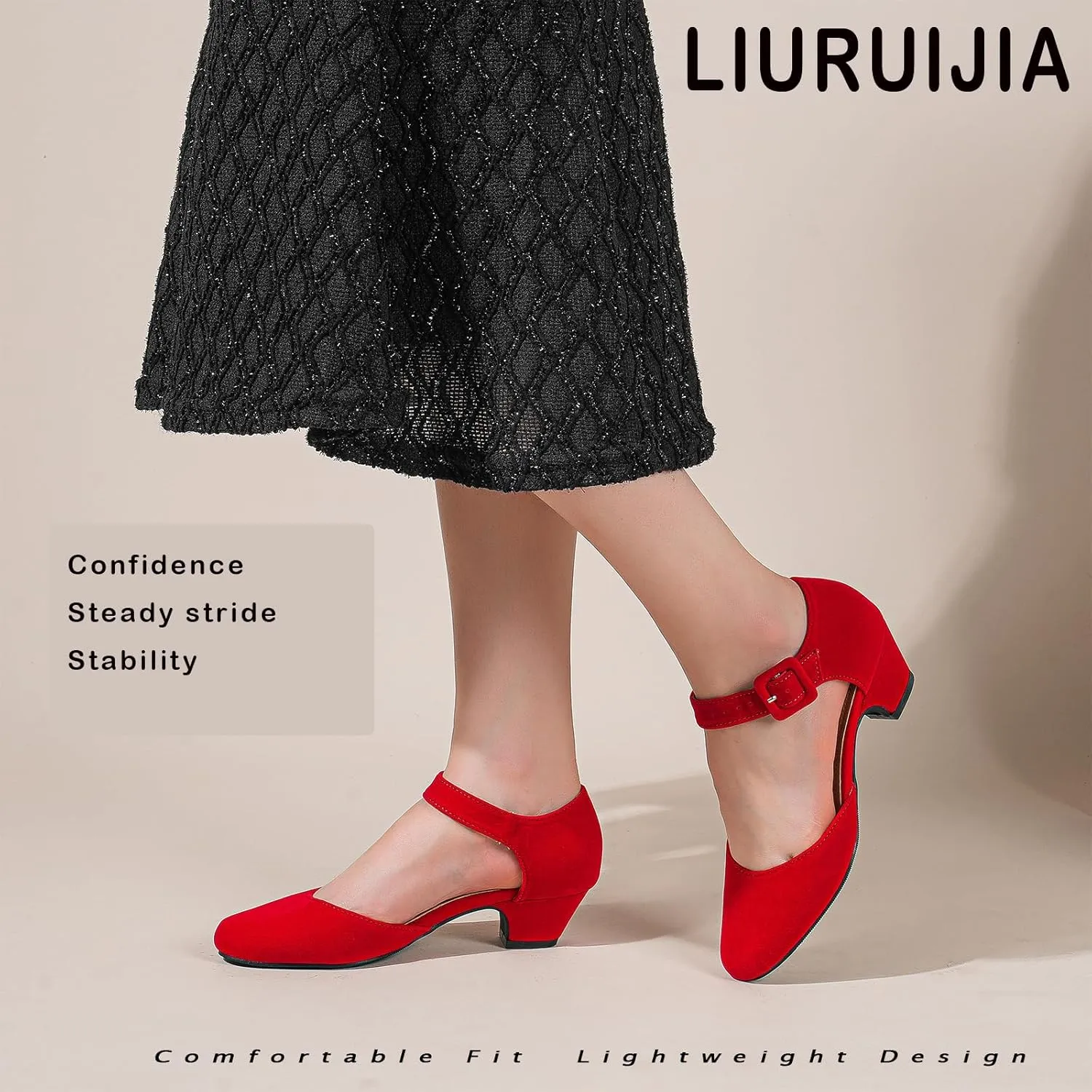 LIURUIJIA Women's Closed Toe Low Chunky Heel Pumps Ankle Strap Dress Shoes for Work Wedding Party Dance