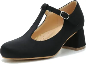 LIURUIJIA Women's T-Strap Low Chunky Heels Mary Jane Pumps Round Closed Toe Comfy Dress Shoes for Women