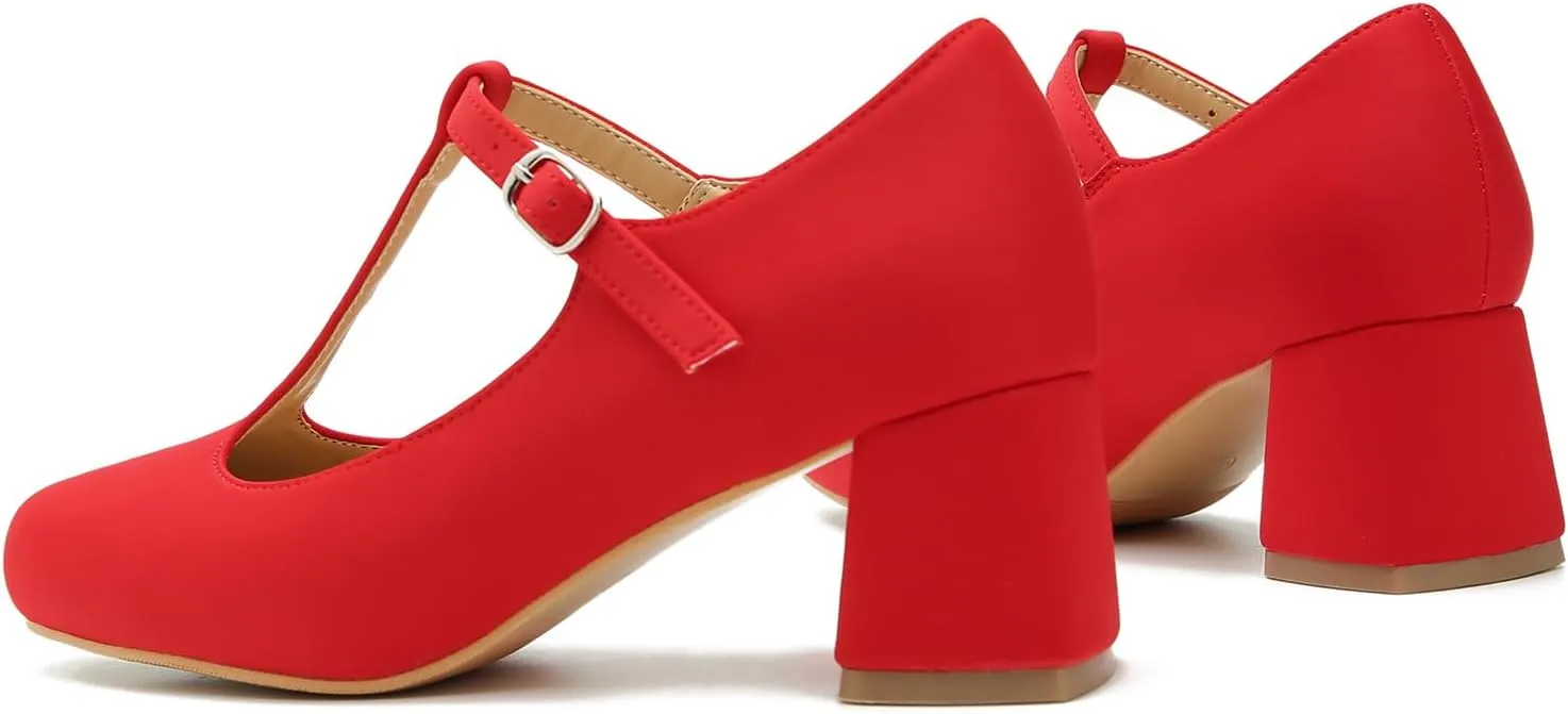 LIURUIJIA Women's T-Strap Low Chunky Heels Mary Jane Pumps Round Closed Toe Comfy Dress Shoes for Women