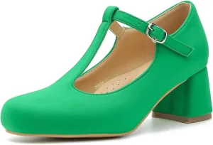 LIURUIJIA Women's T-Strap Low Chunky Heels Mary Jane Pumps Round Closed Toe Comfy Dress Shoes for Women