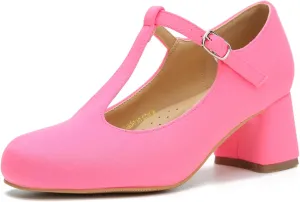 LIURUIJIA Women's T-Strap Low Chunky Heels Mary Jane Pumps Round Closed Toe Comfy Dress Shoes for Women