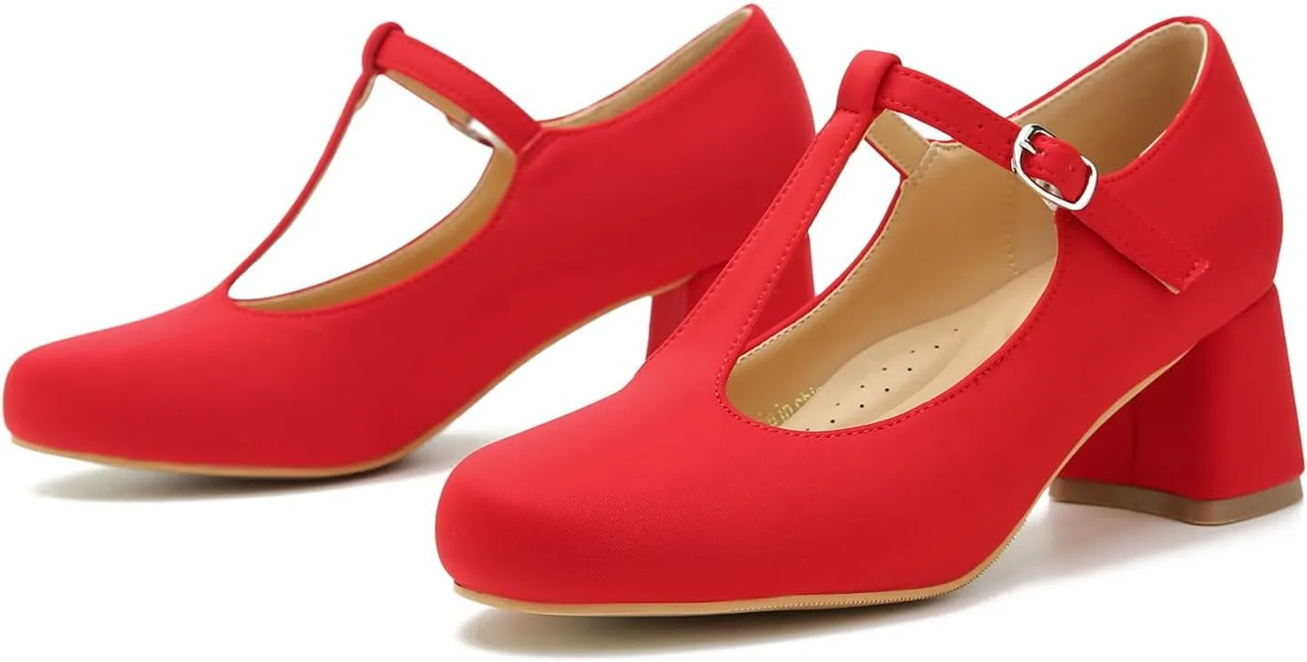 LIURUIJIA Women's T-Strap Low Chunky Heels Mary Jane Pumps Round Closed Toe Comfy Dress Shoes for Women