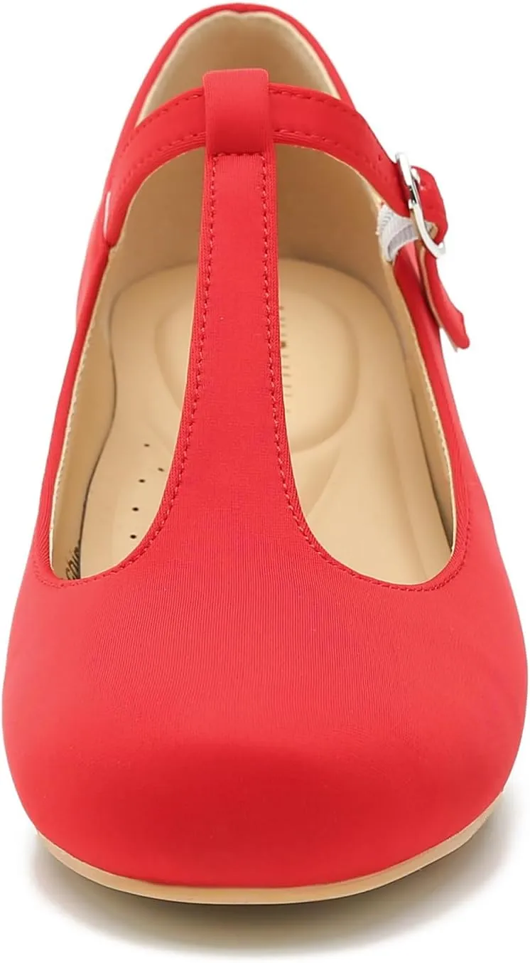LIURUIJIA Women's T-Strap Low Chunky Heels Mary Jane Pumps Round Closed Toe Comfy Dress Shoes for Women