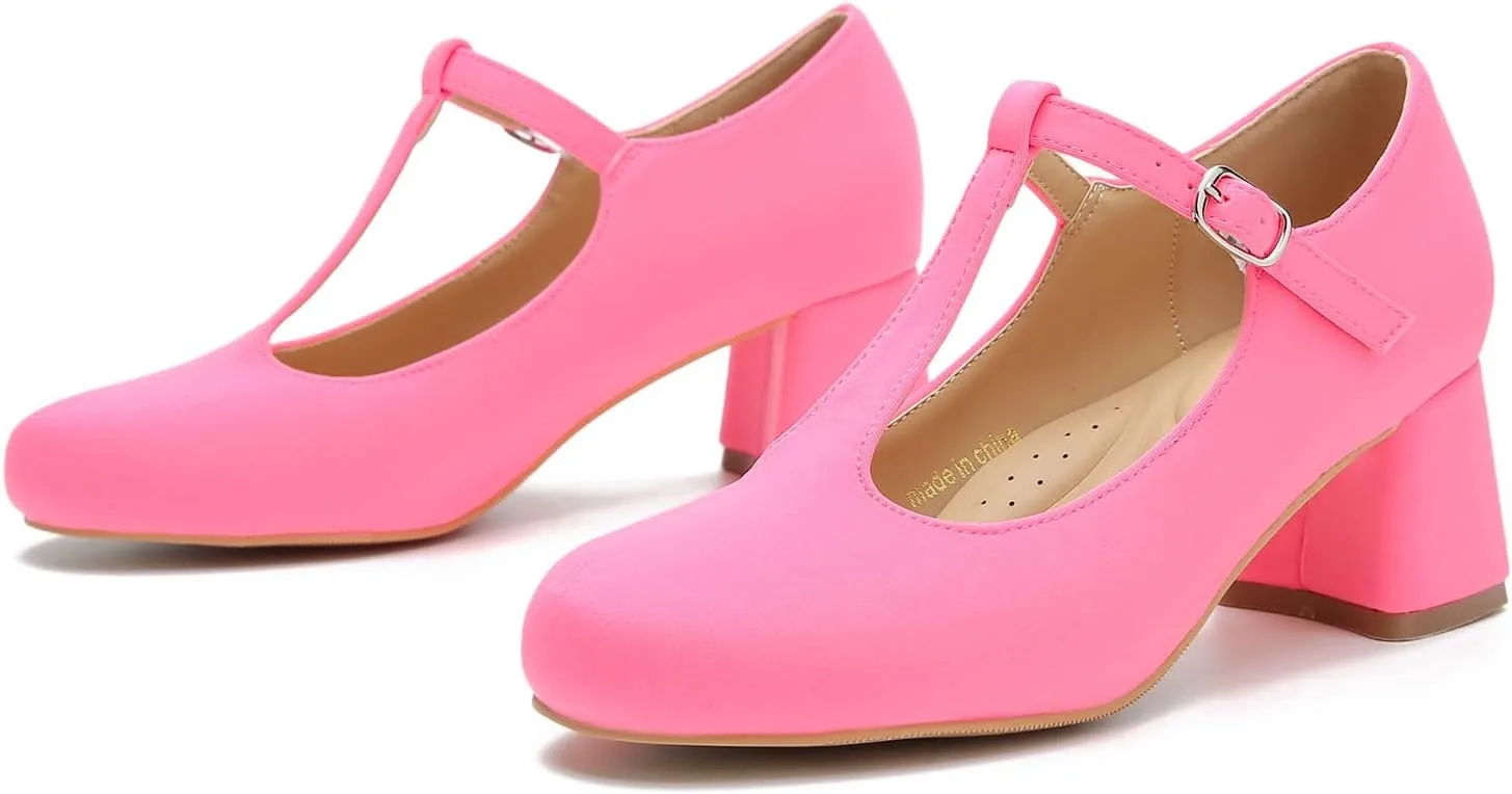 LIURUIJIA Women's T-Strap Low Chunky Heels Mary Jane Pumps Round Closed Toe Comfy Dress Shoes for Women