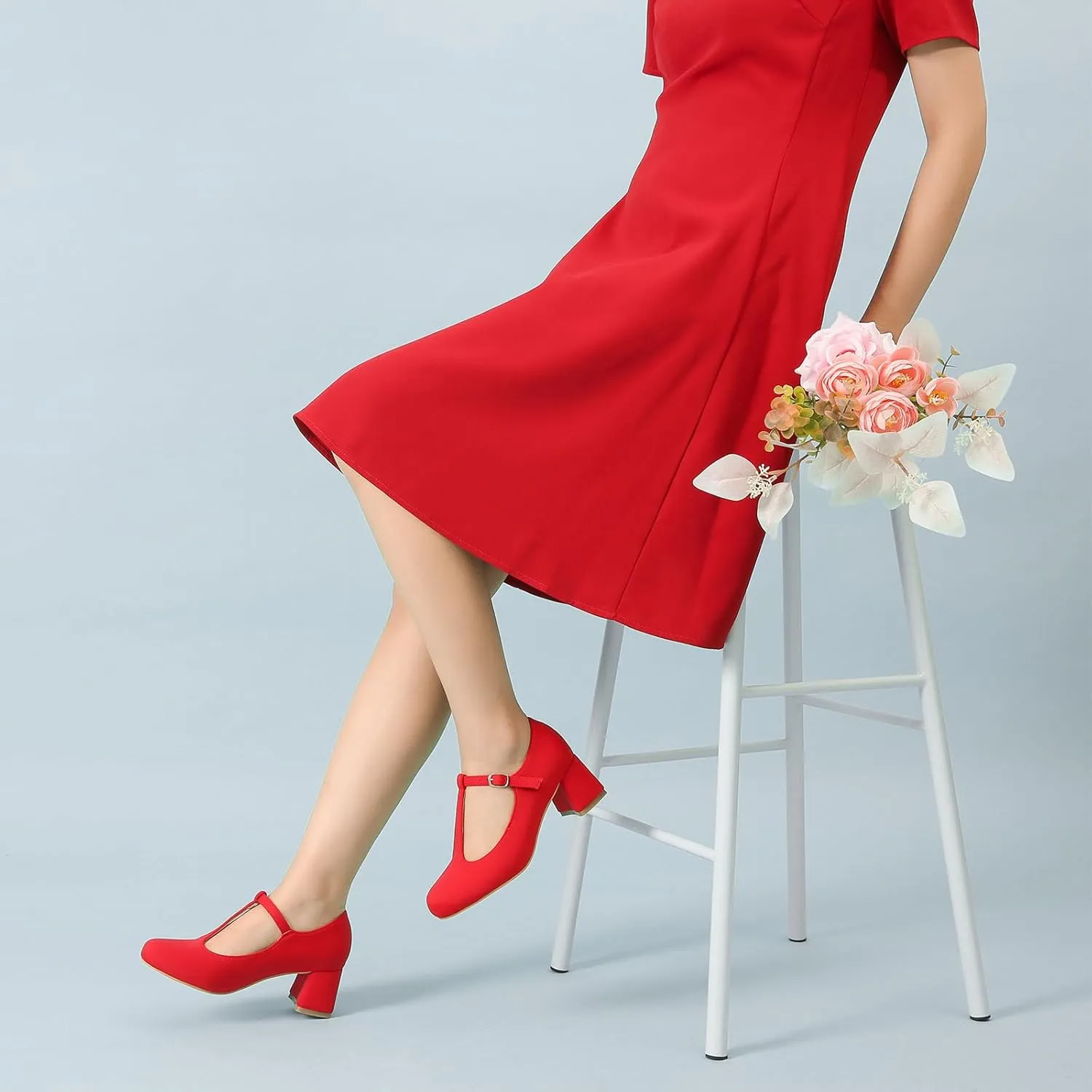 LIURUIJIA Women's T-Strap Low Chunky Heels Mary Jane Pumps Round Closed Toe Comfy Dress Shoes for Women