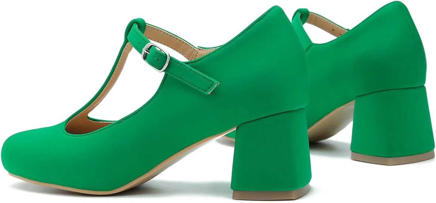 LIURUIJIA Women's T-Strap Low Chunky Heels Mary Jane Pumps Round Closed Toe Comfy Dress Shoes for Women