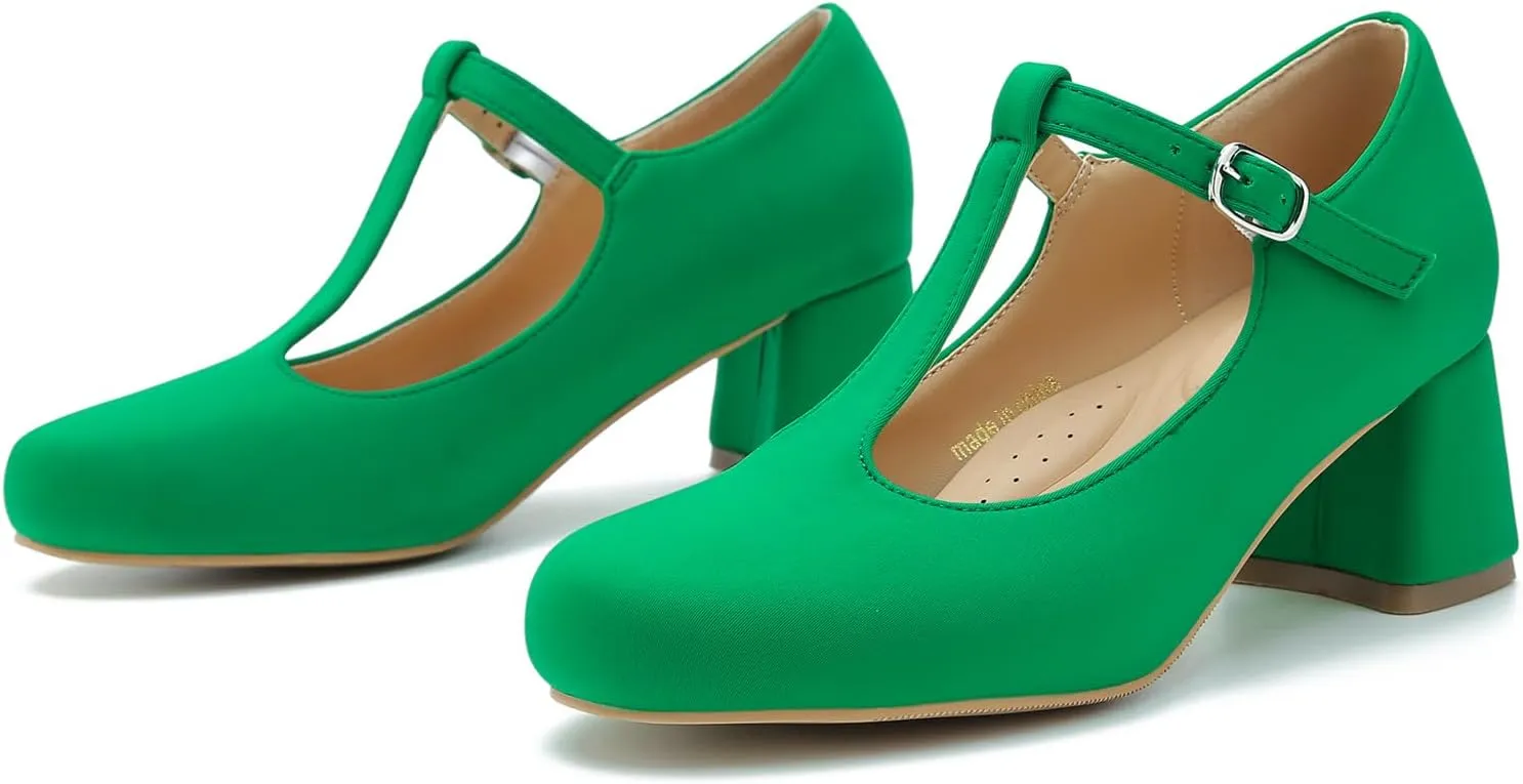 LIURUIJIA Women's T-Strap Low Chunky Heels Mary Jane Pumps Round Closed Toe Comfy Dress Shoes for Women