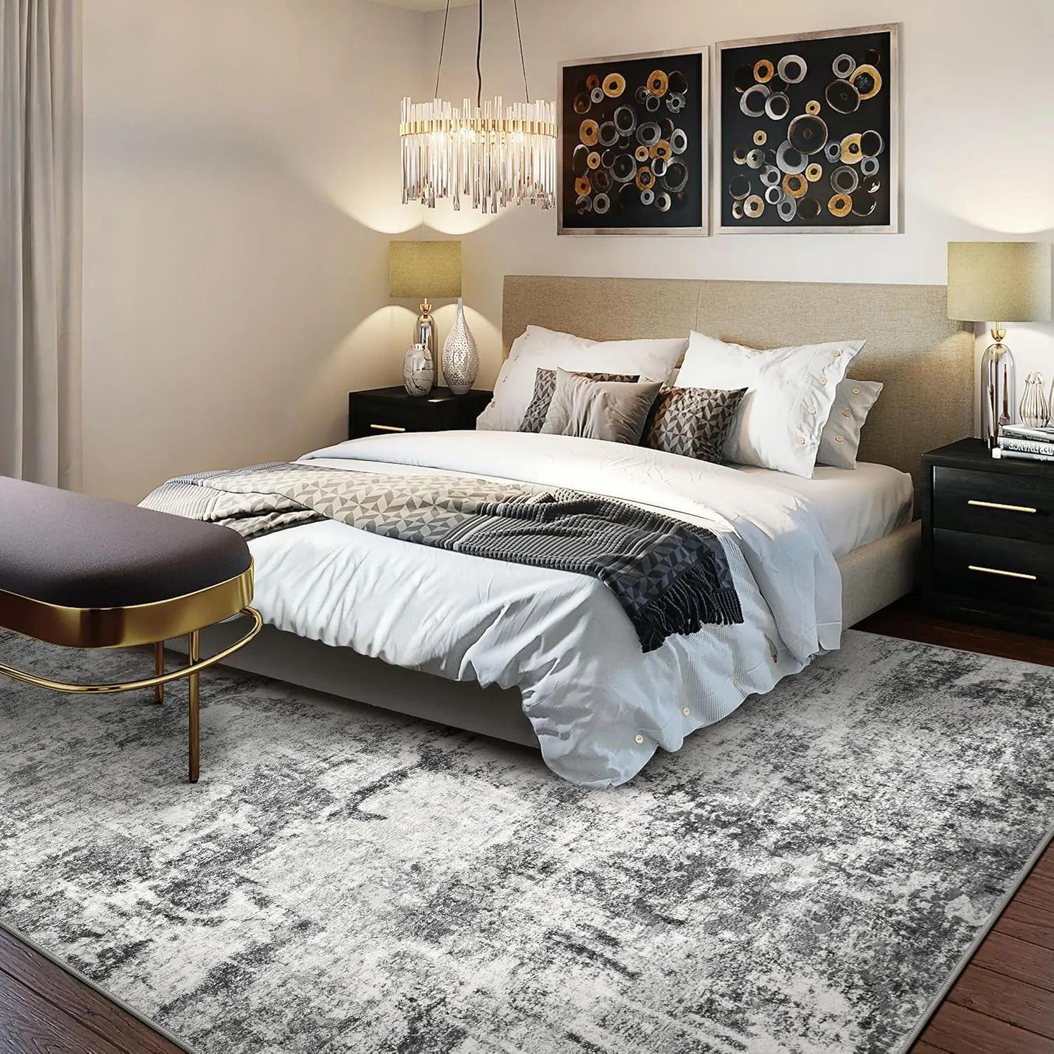 Living Room Area Rugs - 9x12 Abstract Large Soft Indoor Washable Rug Neutral Modern Low Pile Carpet for Bedroom Dining Room Farmhouse Home Office - Grey