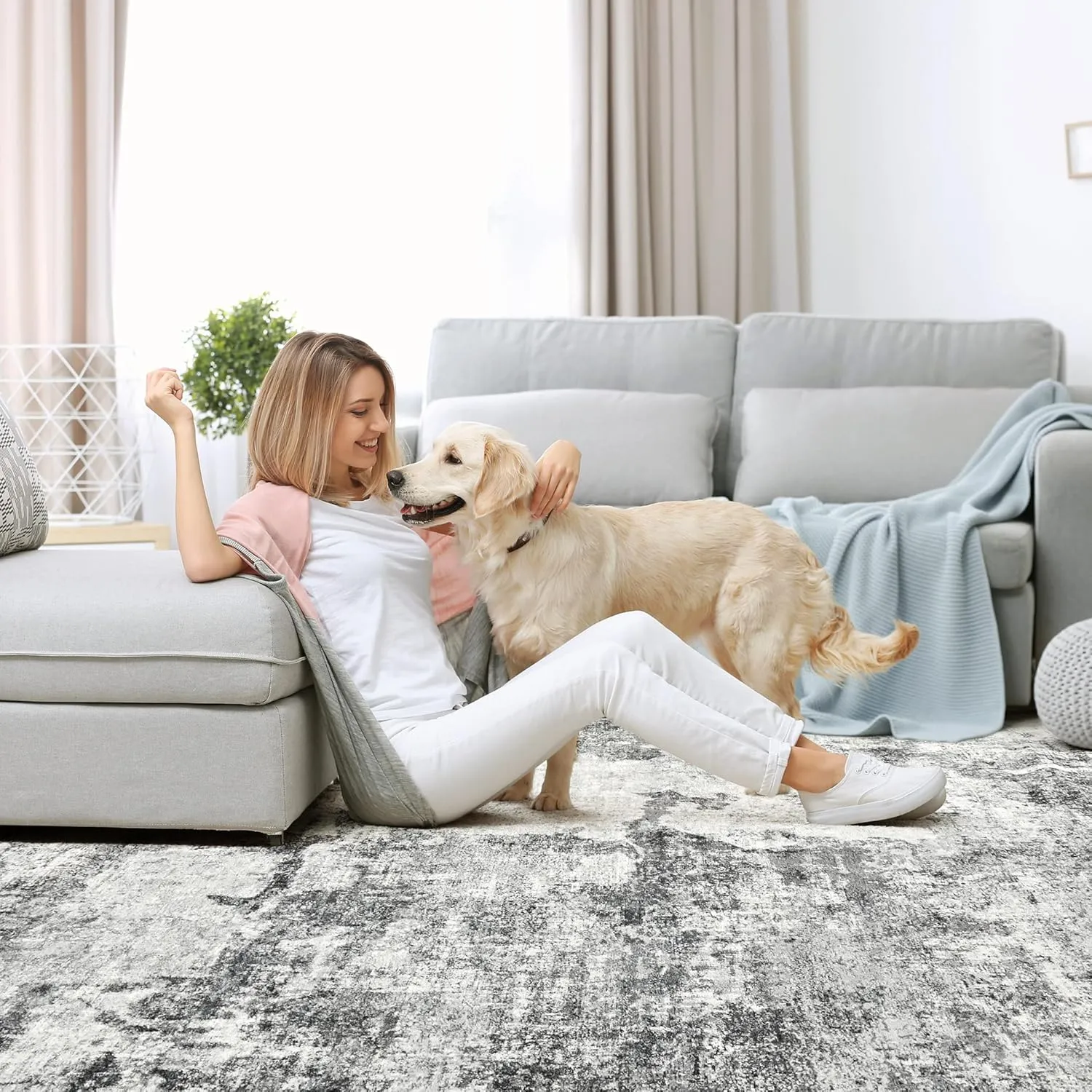 Living Room Area Rugs - 9x12 Abstract Large Soft Indoor Washable Rug Neutral Modern Low Pile Carpet for Bedroom Dining Room Farmhouse Home Office - Grey