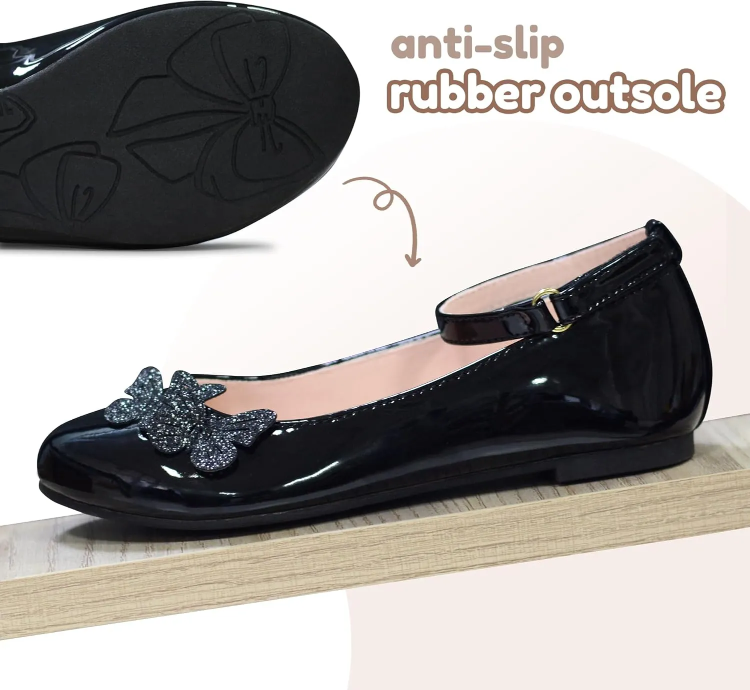LseLom Girls Dress Shoes Butterfly Mary Janes for Girls Hook and Loop Party Wedding Flats Shoes