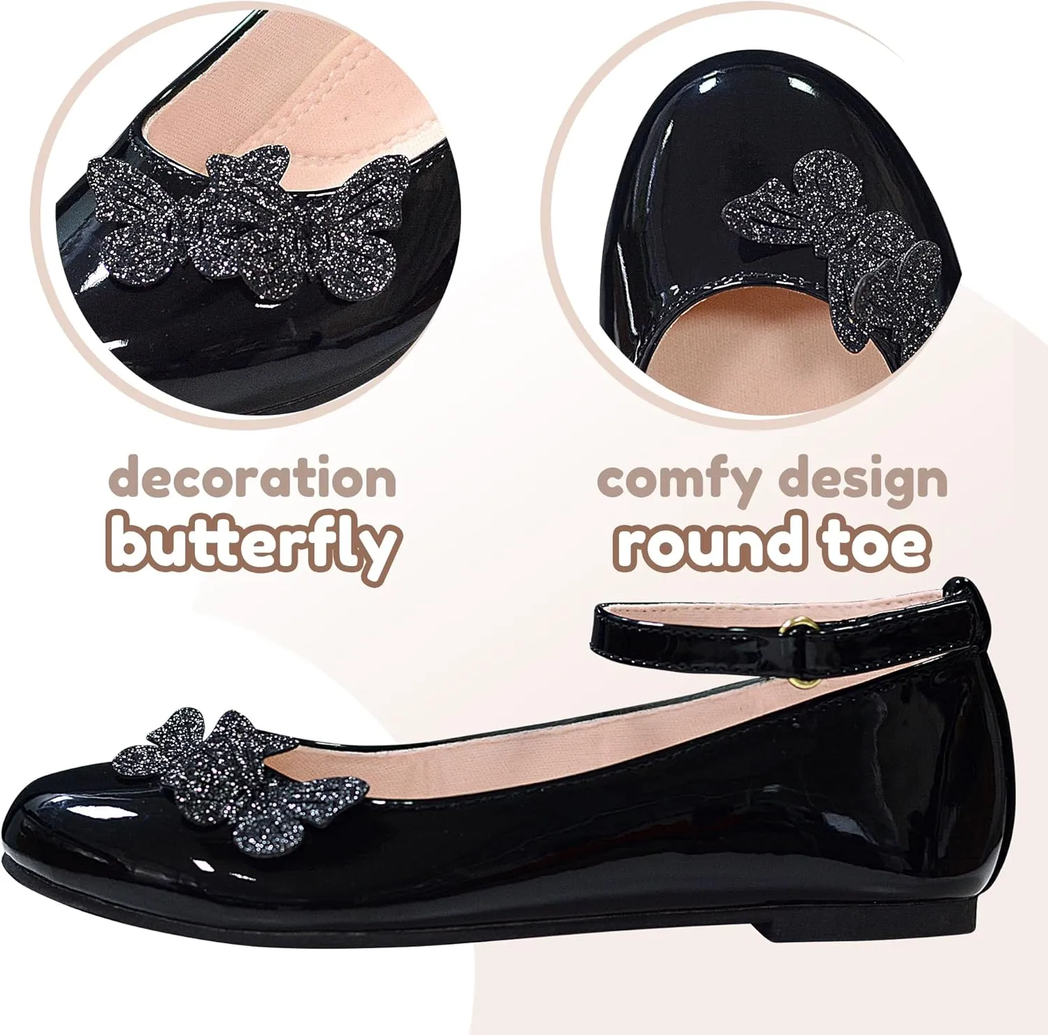 LseLom Girls Dress Shoes Butterfly Mary Janes for Girls Hook and Loop Party Wedding Flats Shoes