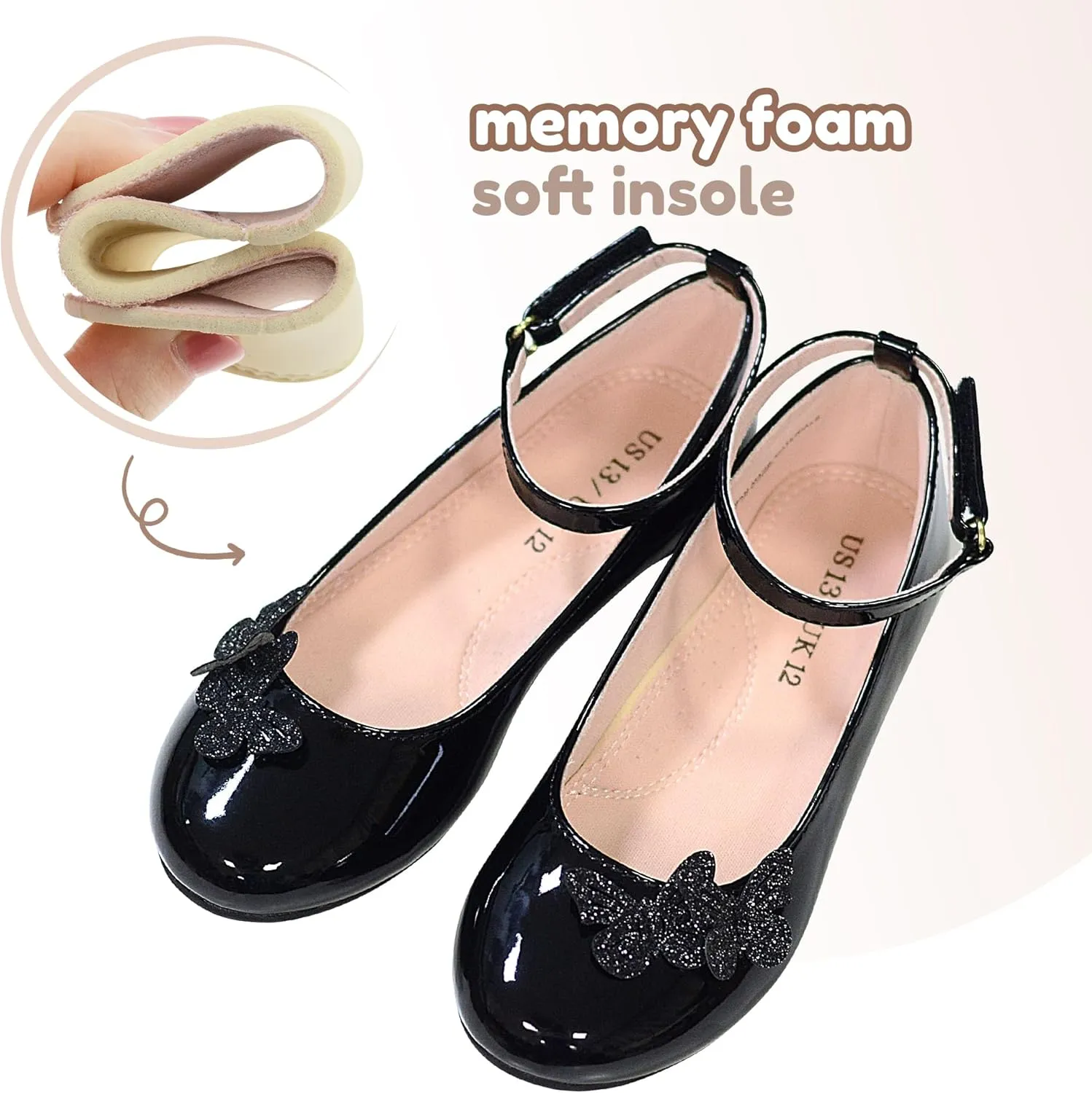 LseLom Girls Dress Shoes Butterfly Mary Janes for Girls Hook and Loop Party Wedding Flats Shoes