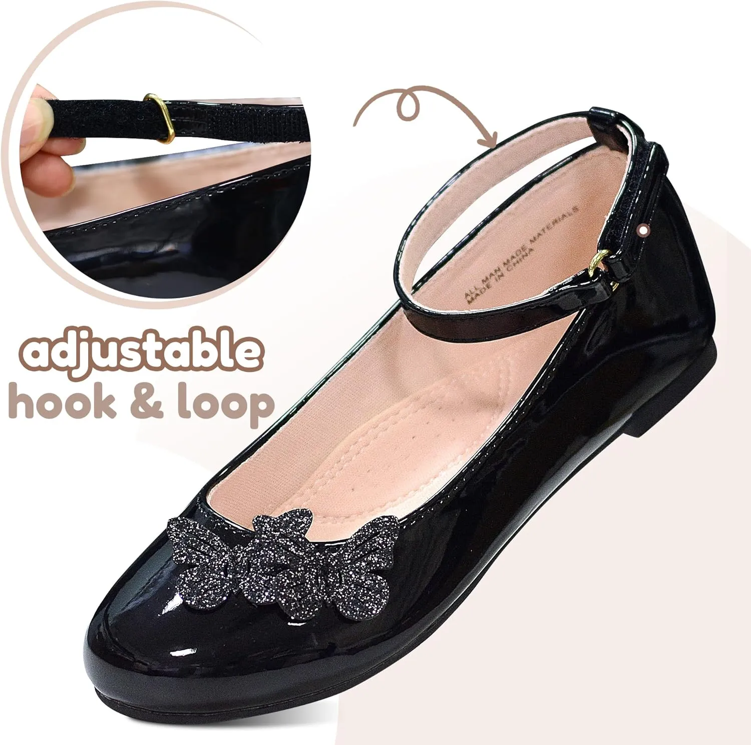 LseLom Girls Dress Shoes Butterfly Mary Janes for Girls Hook and Loop Party Wedding Flats Shoes