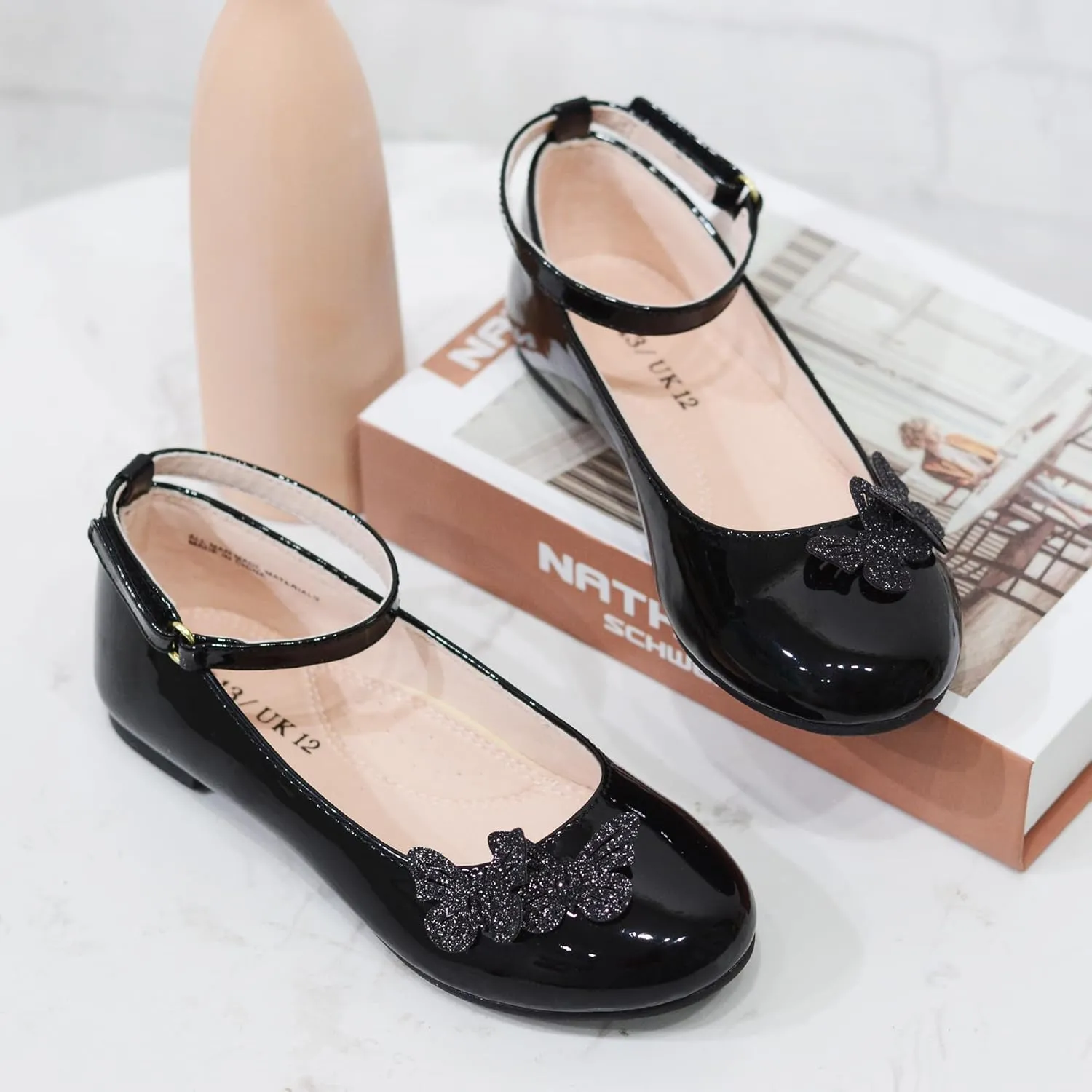 LseLom Girls Dress Shoes Butterfly Mary Janes for Girls Hook and Loop Party Wedding Flats Shoes