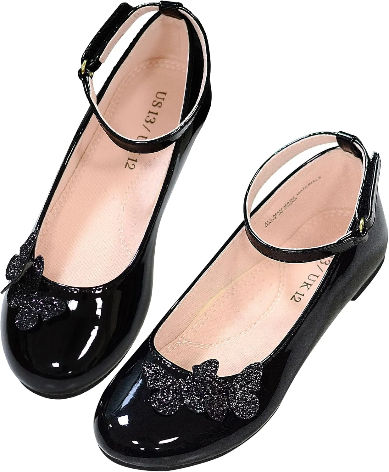 LseLom Girls Dress Shoes Butterfly Mary Janes for Girls Hook and Loop Party Wedding Flats Shoes