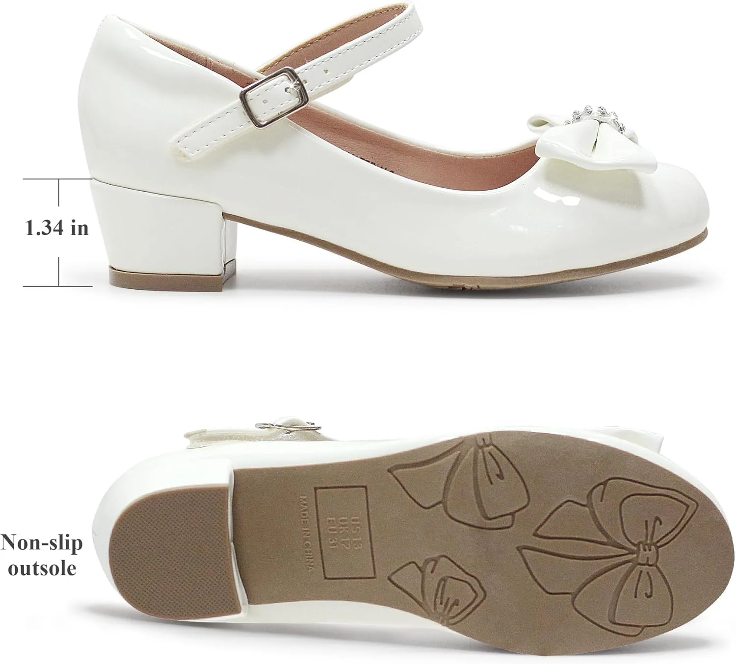 LseLom Girls White Dress Shoes Mary Jane Shoes for Girls Low Heel Hook and Loop Bowknot Flats for School Wedding Party