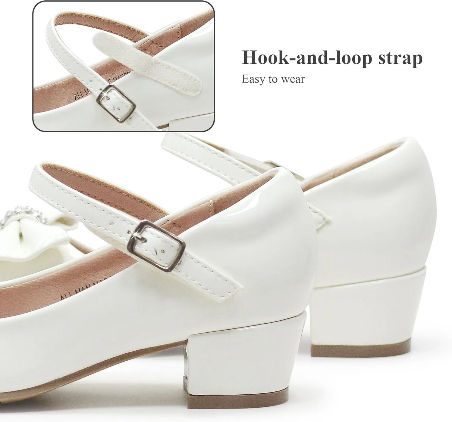 LseLom Girls White Dress Shoes Mary Jane Shoes for Girls Low Heel Hook and Loop Bowknot Flats for School Wedding Party