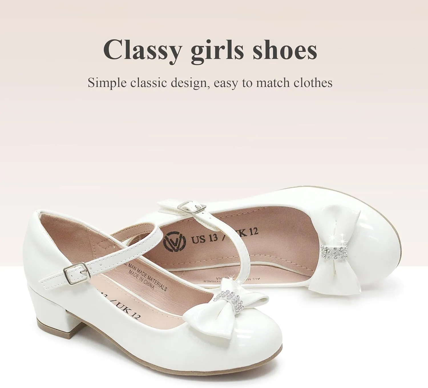 LseLom Girls White Dress Shoes Mary Jane Shoes for Girls Low Heel Hook and Loop Bowknot Flats for School Wedding Party