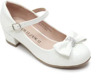 LseLom Girls White Dress Shoes Mary Jane Shoes for Girls Low Heel Hook and Loop Bowknot Flats for School Wedding Party
