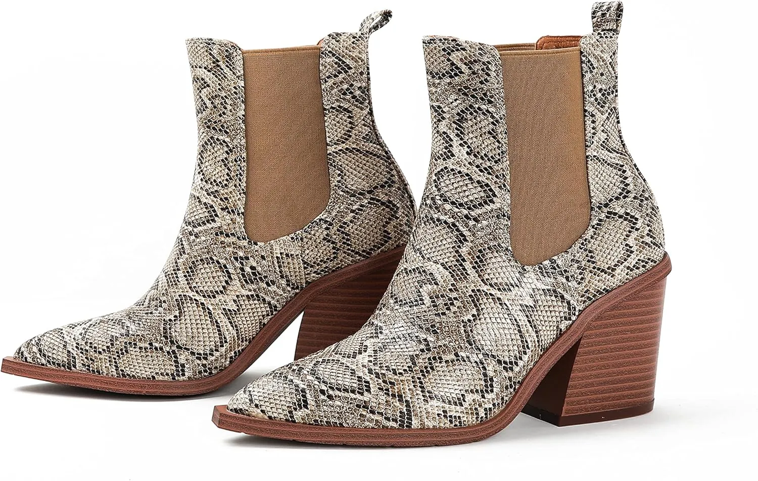 Lutalica Classic Women's Pointed Toe Animal Print Slip On Autumn Winter Stacked Chunky Heel Stretchy Chelsea Ankle Boots