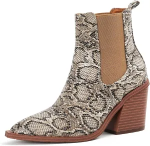 Lutalica Classic Women's Pointed Toe Animal Print Slip On Autumn Winter Stacked Chunky Heel Stretchy Chelsea Ankle Boots