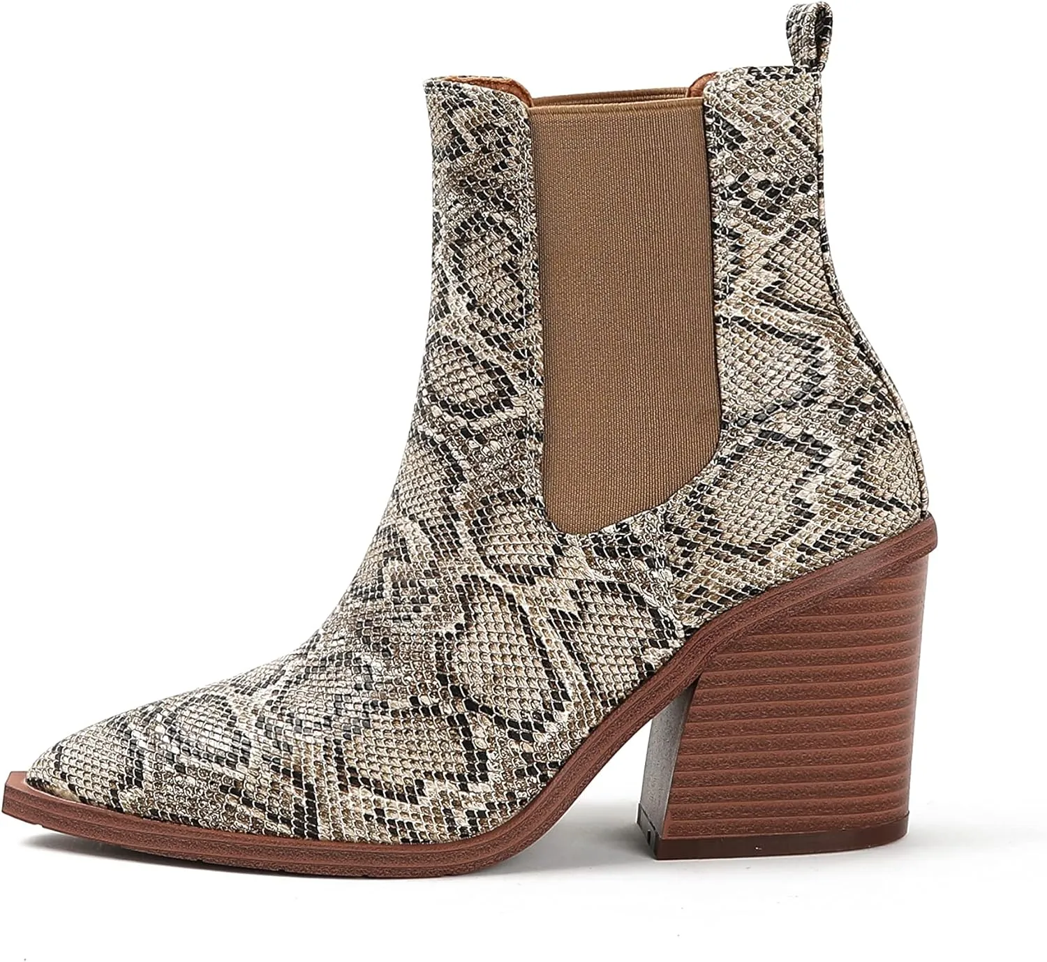Lutalica Classic Women's Pointed Toe Animal Print Slip On Autumn Winter Stacked Chunky Heel Stretchy Chelsea Ankle Boots