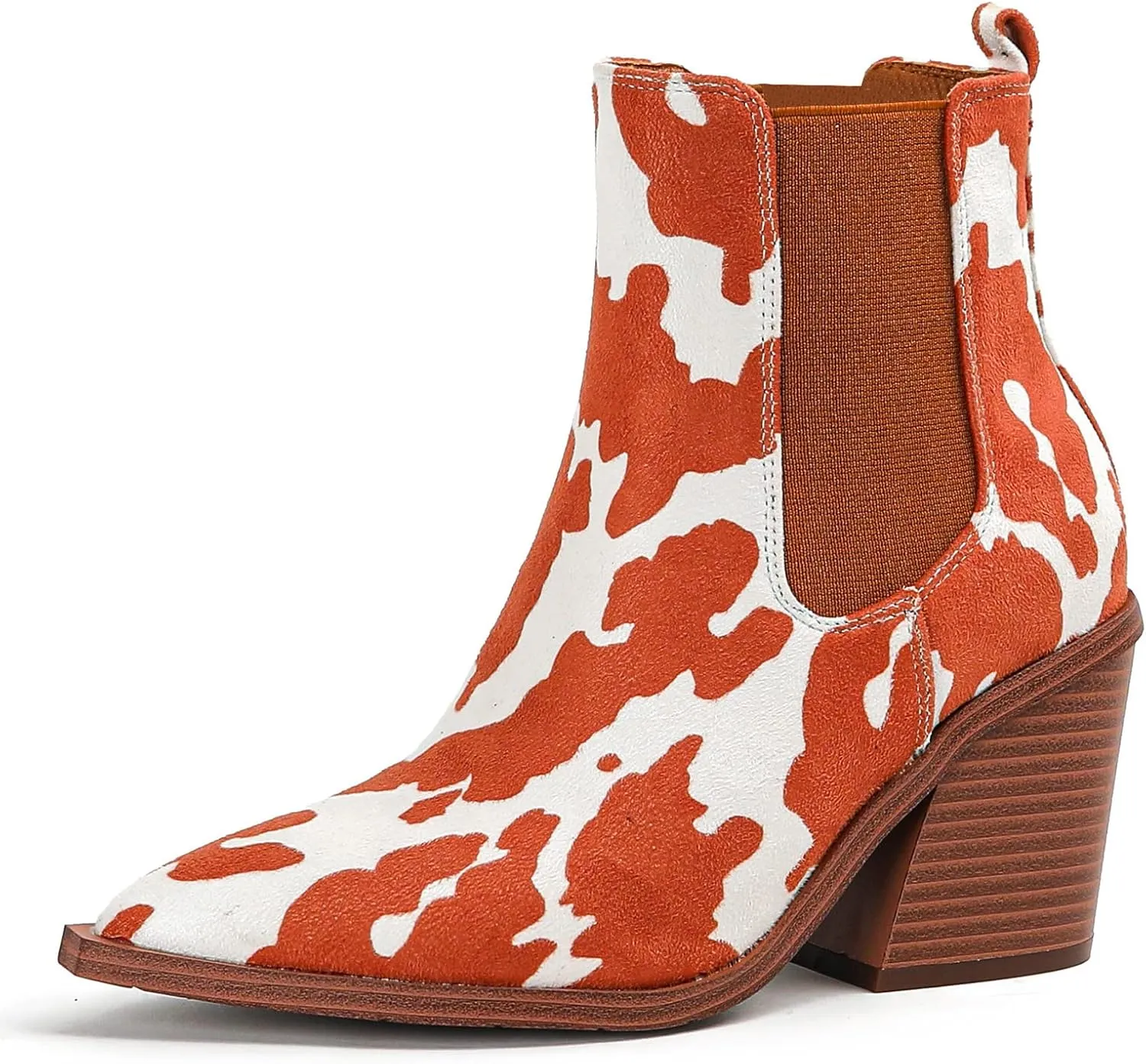 Lutalica Classic Women's Pointed Toe Animal Print Slip On Autumn Winter Stacked Chunky Heel Stretchy Chelsea Ankle Boots