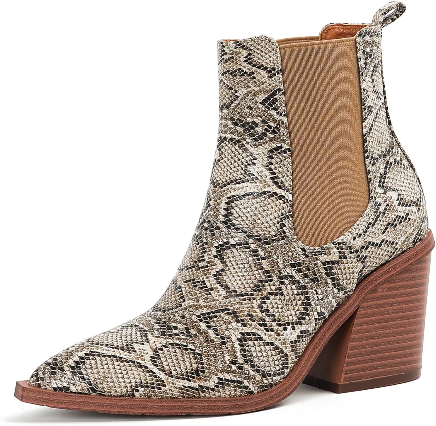 Lutalica Classic Women's Pointed Toe Animal Print Slip On Autumn Winter Stacked Chunky Heel Stretchy Chelsea Ankle Boots