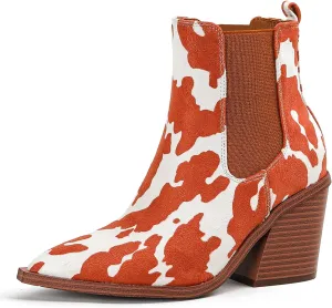 Lutalica Classic Women's Pointed Toe Animal Print Slip On Autumn Winter Stacked Chunky Heel Stretchy Chelsea Ankle Boots