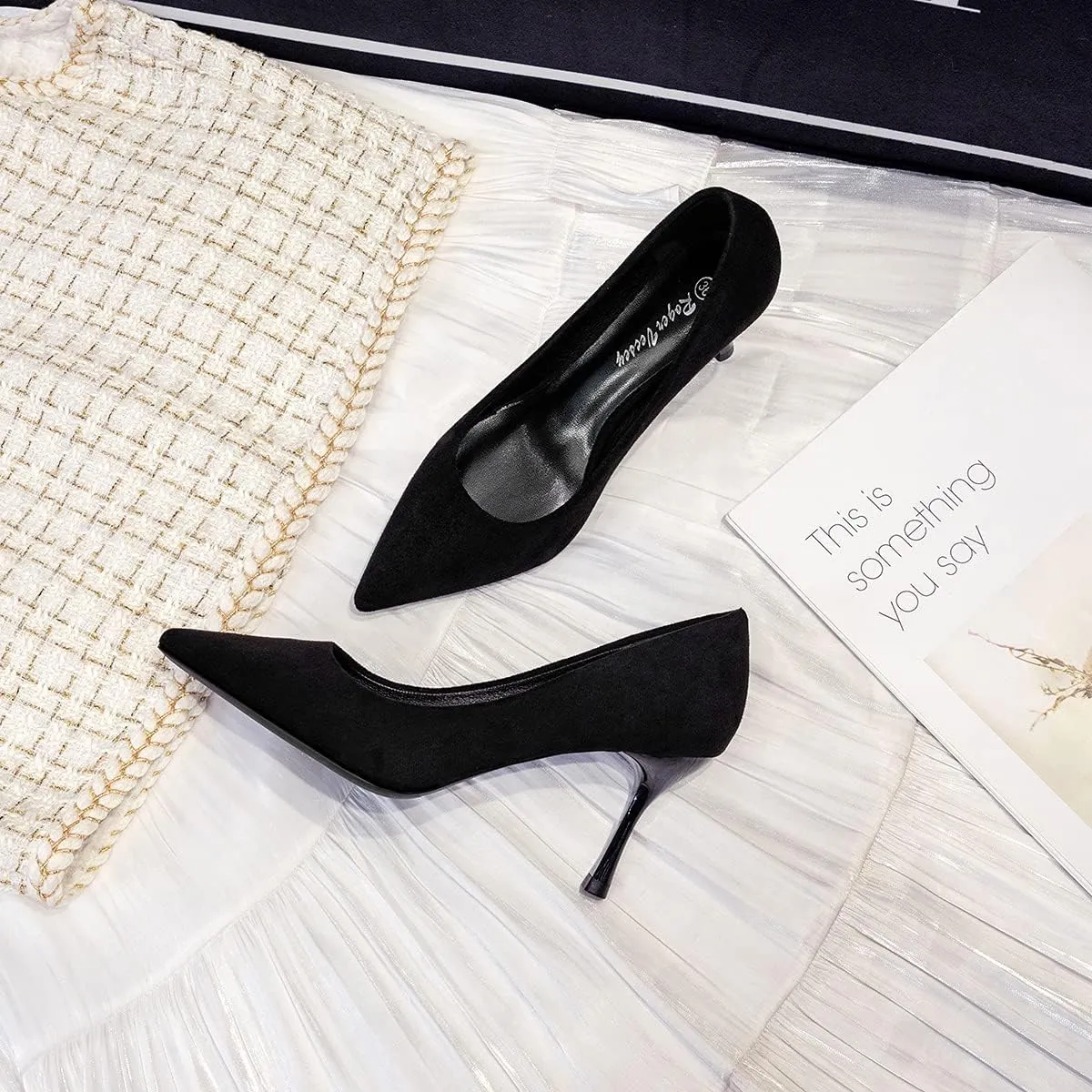 LUXINYU,Women Pointed Toe Heels Fashion Shiny Elegant Ladies Pumps Solid Stiletto Suede Soft Heeled Dress Shoes Comfort Work Formal Shoes