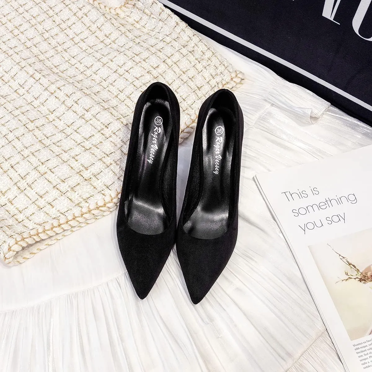 LUXINYU,Women Pointed Toe Heels Fashion Shiny Elegant Ladies Pumps Solid Stiletto Suede Soft Heeled Dress Shoes Comfort Work Formal Shoes