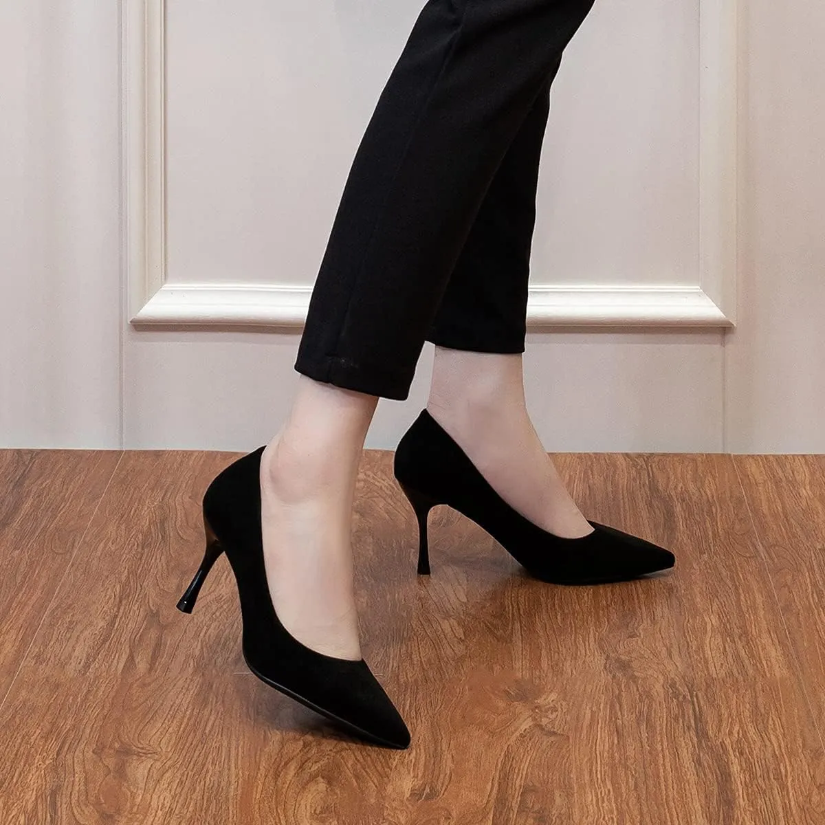 LUXINYU,Women Pointed Toe Heels Fashion Shiny Elegant Ladies Pumps Solid Stiletto Suede Soft Heeled Dress Shoes Comfort Work Formal Shoes
