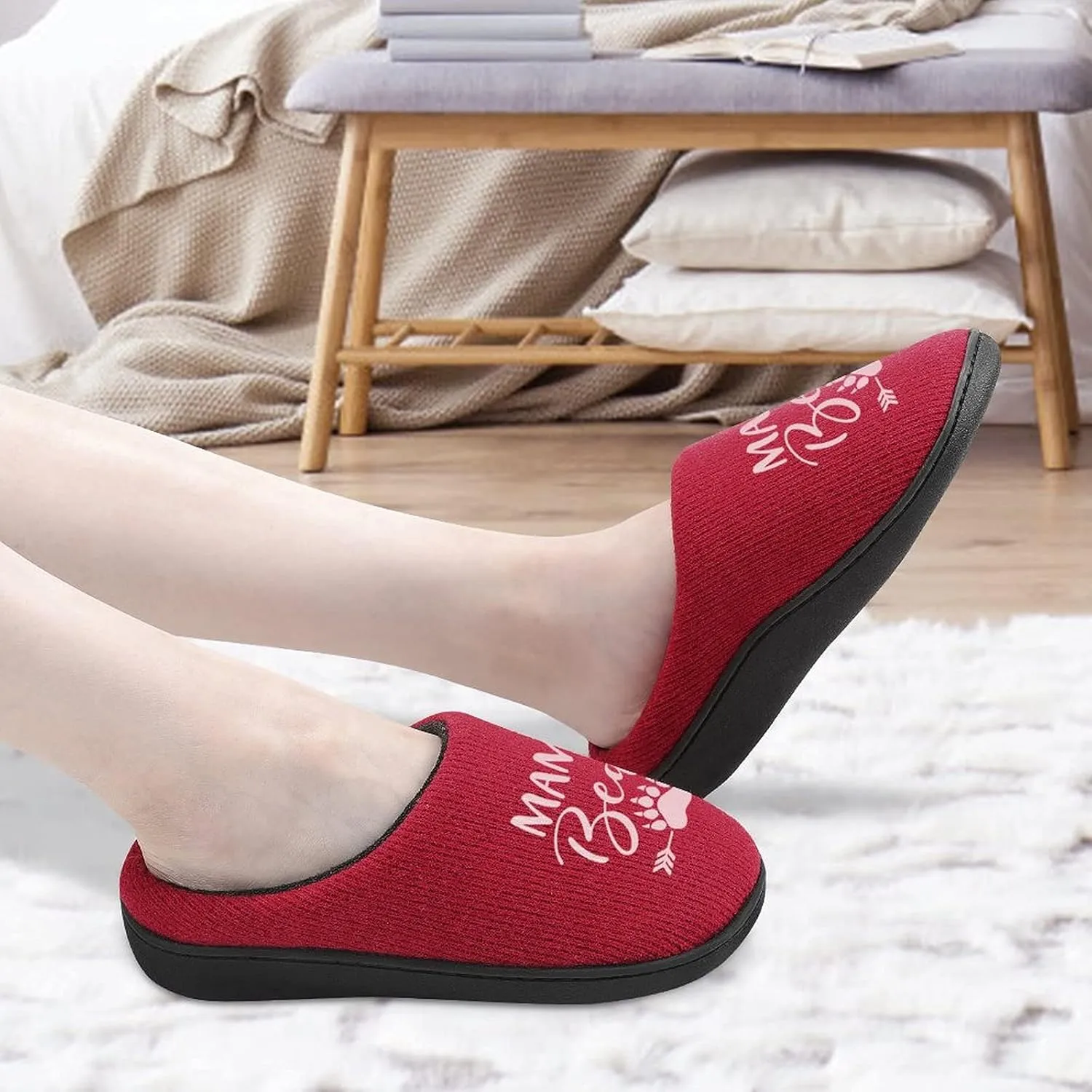 Mama Bear Women's Knitted Cotton Slippers Soft Comfort Warm House Casual Shoes