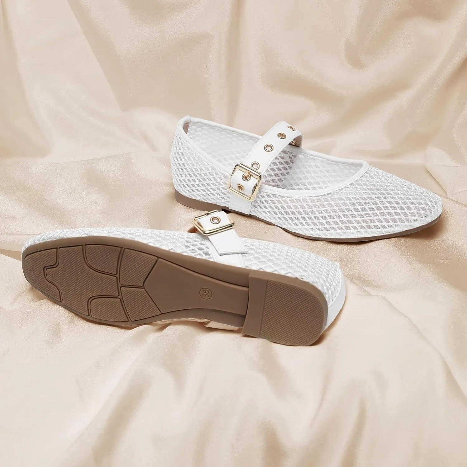 Mary Jane Shoes Women Fishnet Mesh Ballet Flats with Strap Buckle Closed Toe MaryJanes Shoes Ballerina Flats for Women Dressy Comfortable