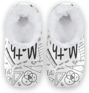 Mathematical Math Formula Equation Graffiti Handwriting Icon Fuzzy House Slippers, Women Men Non-Slip Memory Foam Slippers, Warm Fur Lining Shoes for Indoor Outdoor Hotel Travel Shoes M