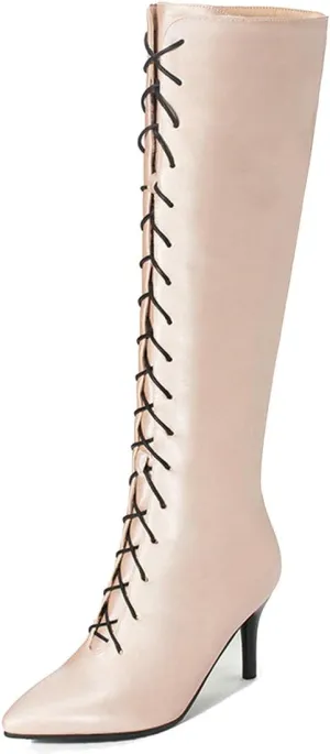 MAVMAX Women's Lace up Knee High Fashion High Heels Stilettos Pointed Toe Boots